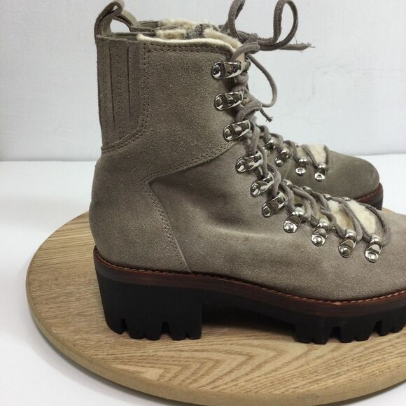 Jeffrey Campbell Stanley Faux Fur Trim Lace Up Hiker Boots Suede Taupe Beige 5.5 - Picture 3 of 14